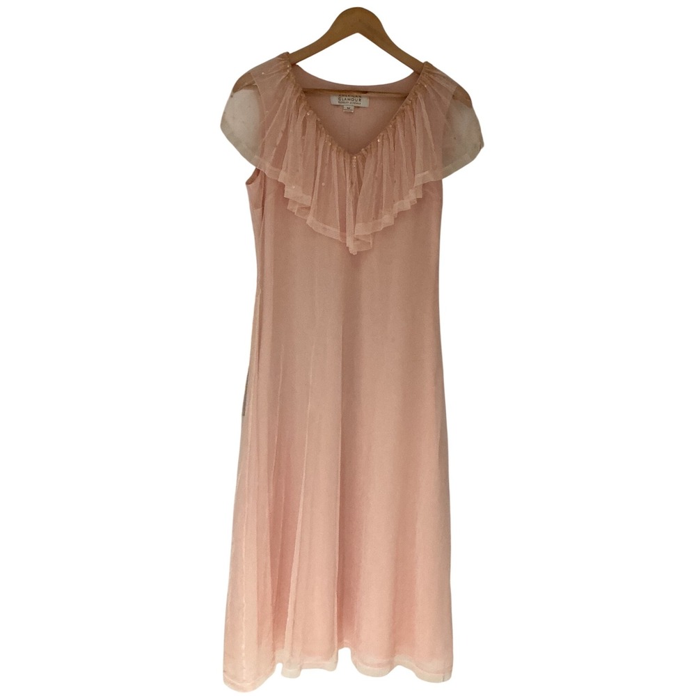 American Glamour Badgley Mischka Pink Mesh Sequin Ruffle Midi Dress  Medium - Picture 7 of 8
